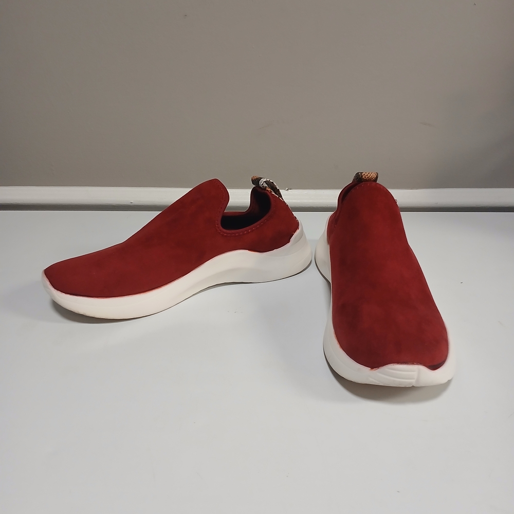 Burgundy Suede Feel & Snakeskin Trim Low Platform Slip On Knit Sneakers 10